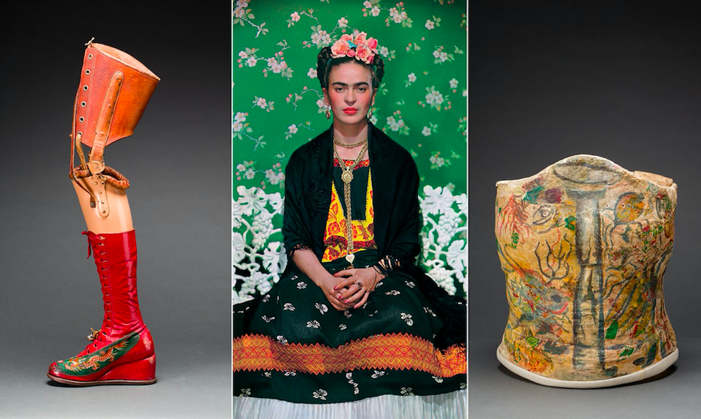 Frida Kahlo, centre, in 1938. Left: her prosthetic leg with leather boot. Right: plaster corset painted by Frida Kahlo. © Diego Riviera and Frida Kahlo Archives, Banco de México; Nickolas Muray © The Jacques and Natasha Gelman Collection of 20th Century Mexican Art