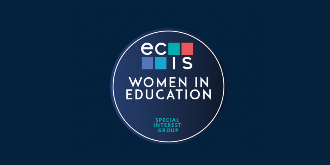 A navy blue image with a circular logo in the center. The logo is for the event and reads 'ECIS Women in education. Special interest group.'